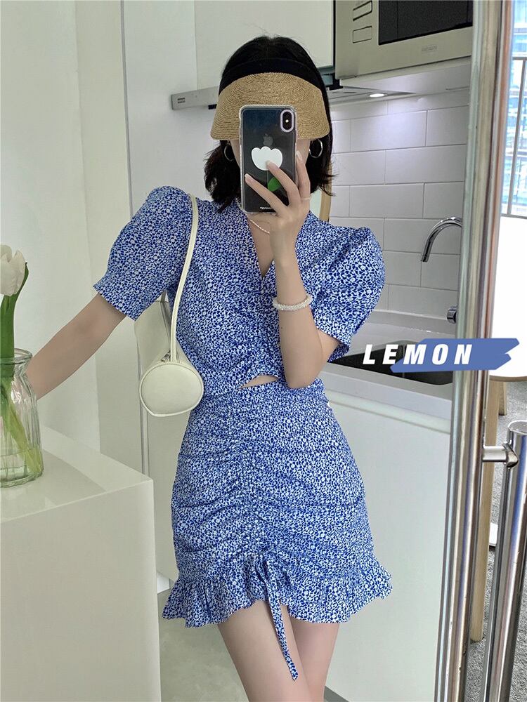 スリーブVネックレースTシャツ サマーウェストショートスカート セット 夏物 ビッグFスモールZ韓国25300903449