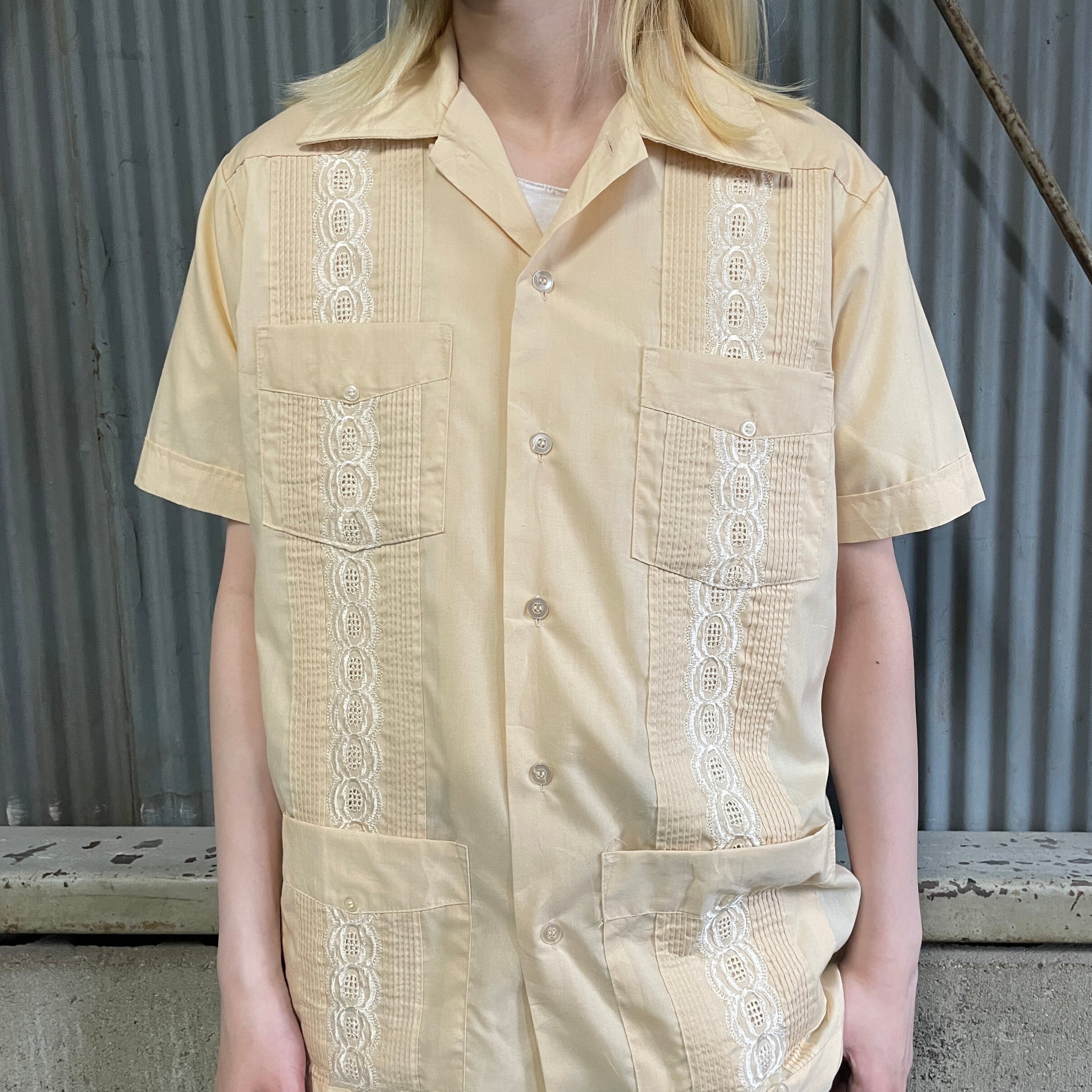 60年代 Guayabera 半袖 刺繍 プリーツ キューバシャツ メンズS 古着 