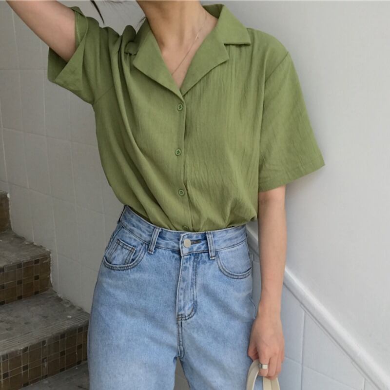 2020年初春バージョンのシックなファッションレトロフルーツグリーンホワイトルーズで薄いオールマッチの無地半袖シャツトップ YY-ファッション401492245