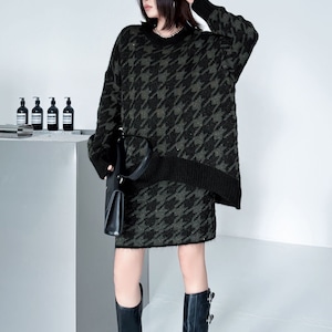 HOUNDSTOOTH PATTERN KNIT PULLOVER TOP & MINI SKIRT 2colors M-15163