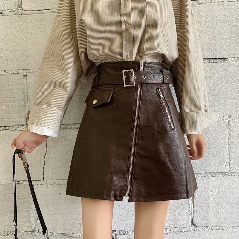 カーキスカート レザースプリングオータムハイウェストウェストスリムAライン 春物 秋物 試着室71832916348