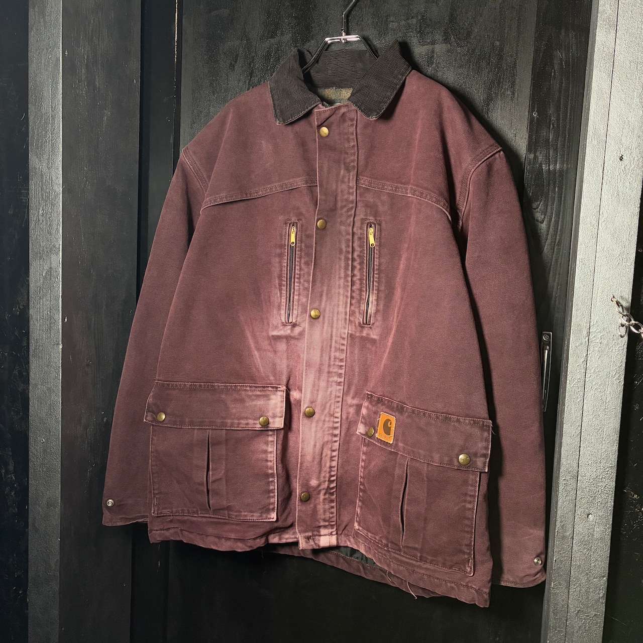 90s USA製　Carhartt ダックジャケット　ワークジャケット　バーガンディ　ブランケットライナー　フェード