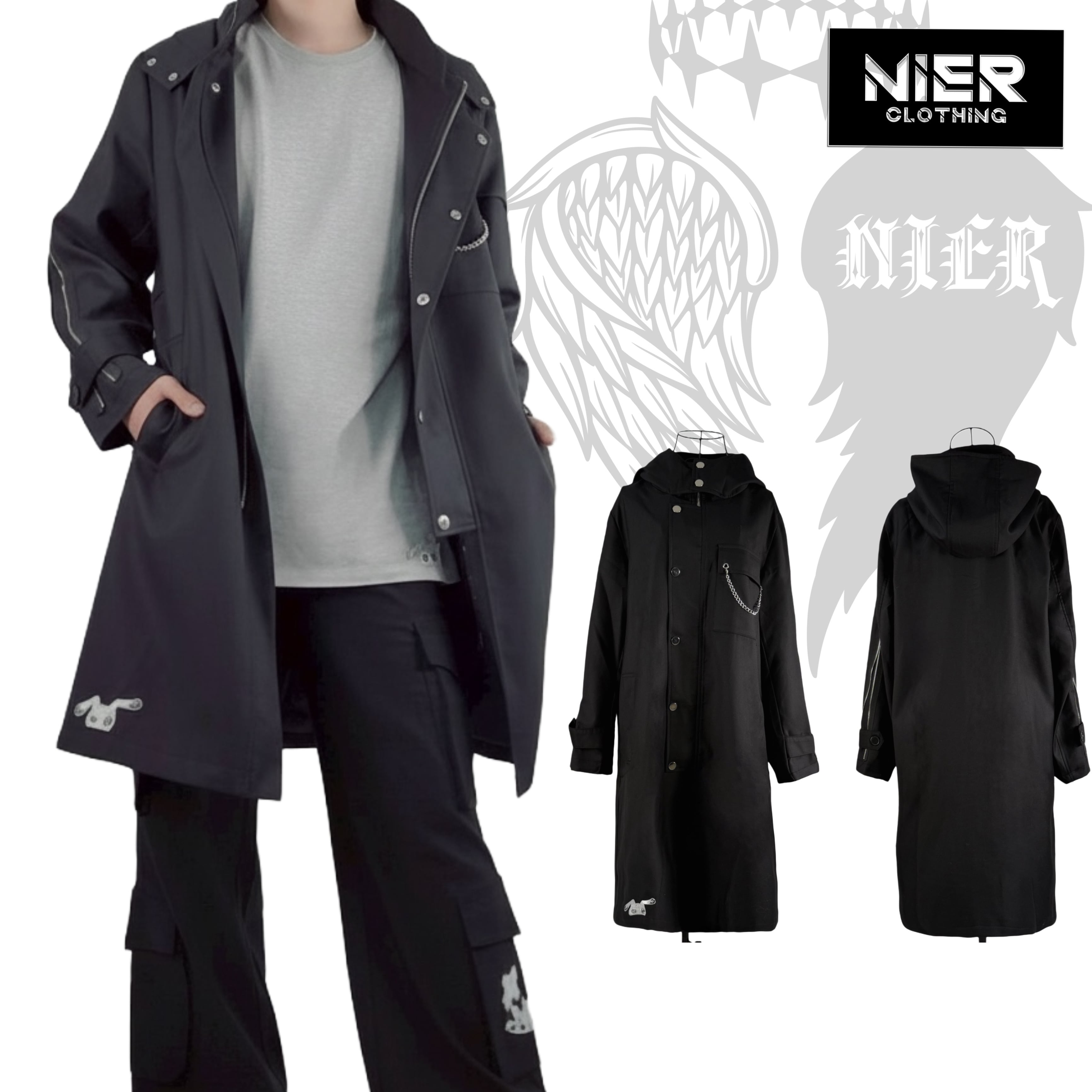 フード付きBLACK HIGHNECK SPRING LONG COAT【ひょっこり刺繍入り
