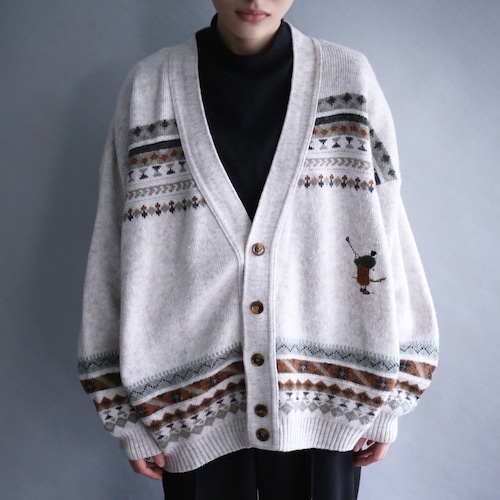 one point "和" motif human embroidery design geometry pattern loose silhouette 5b cardigan（made in italy）