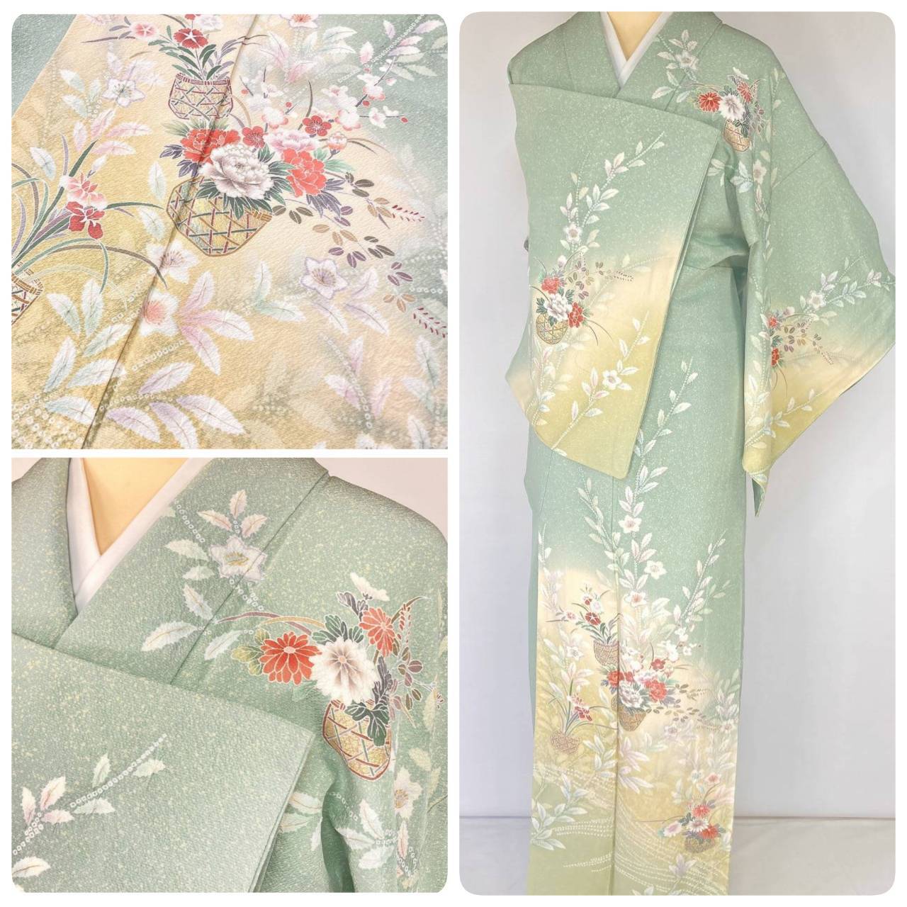 未使用 吾妻徳穂 吉澤の友禅 雪輪 花柄 訪問着 袷 正絹 黄色 ピンク