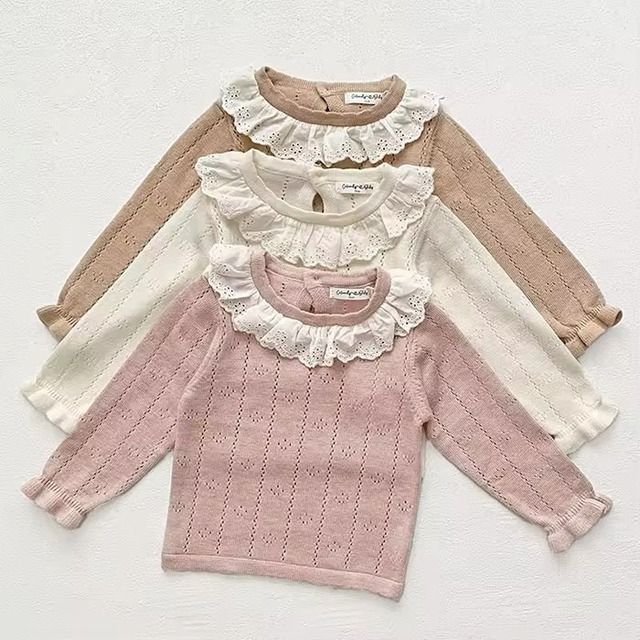 【取寄】レースフリルがかわいいアイレットニットトップス