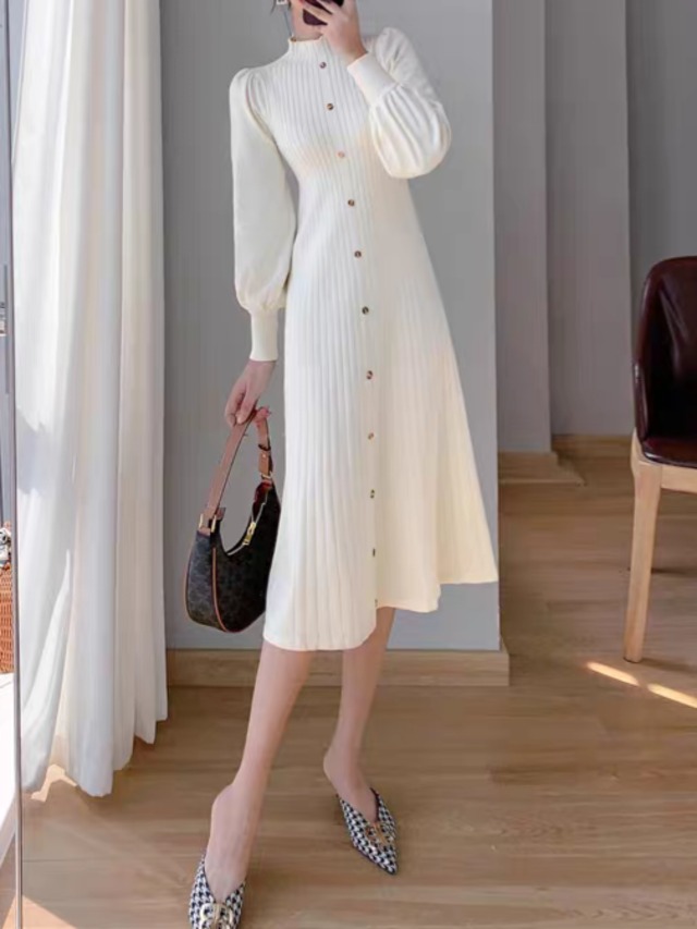 Long puff sleeve knit onepiece  L0761