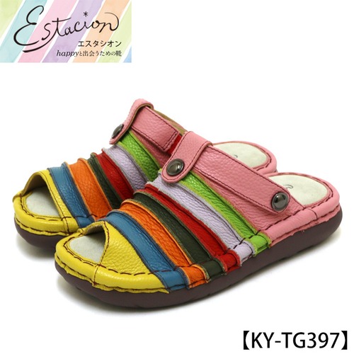 KY-TG397【ﾚﾃﾞｨｰｽ】Estacion～エスタシオン～・ボーダーデザイン本革2wayサボシューズ