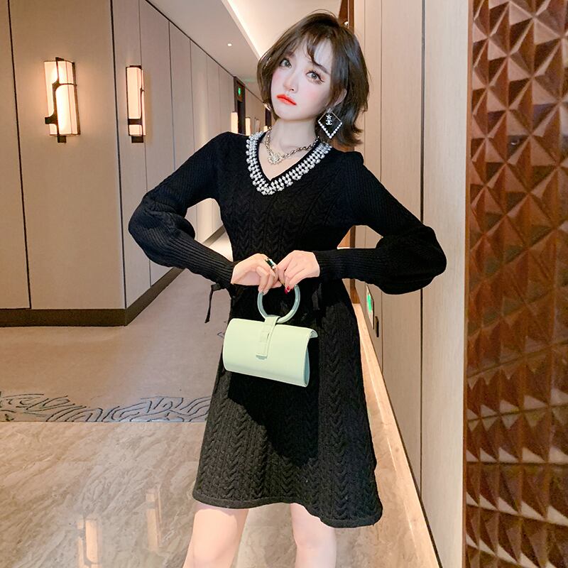 スタンダードFlowerデザイン Vネックウェスト薄手Aラインニットドレス ウィンター レトロ 冬物 フラワーデザイン MIUCO18963759233