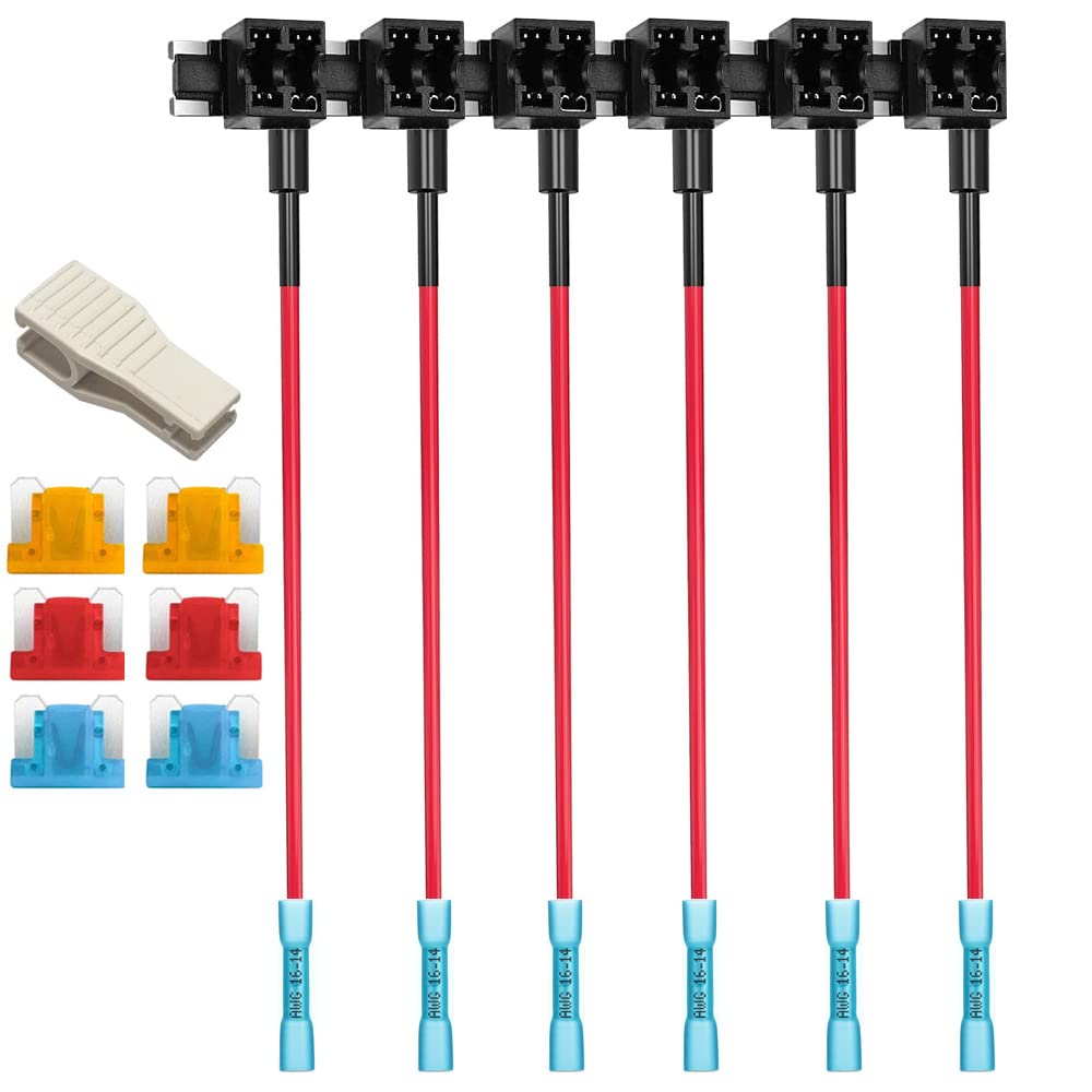 KILIGEN 6個の12V 24Vロープロファイルミニ回路追加ヒューズタップ、熱収縮端子付き、ミニピギーバックブレードヒューズホルダー、ワイヤーハーネス付き、6個のミニブレードヒューズ(5A/10A/15A)およびヒューズプラー