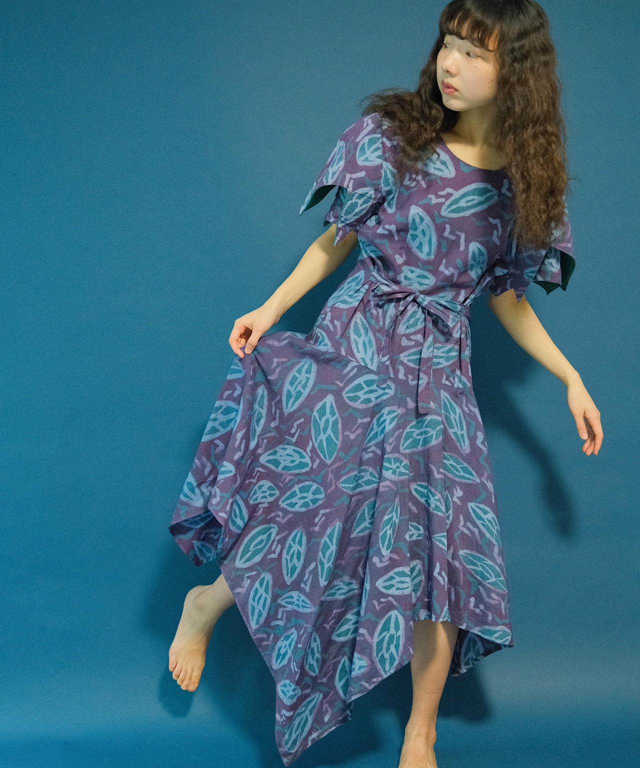 【送料無料】1980’s Cotton puffed sleeve block print leaves asymmetric hem dress