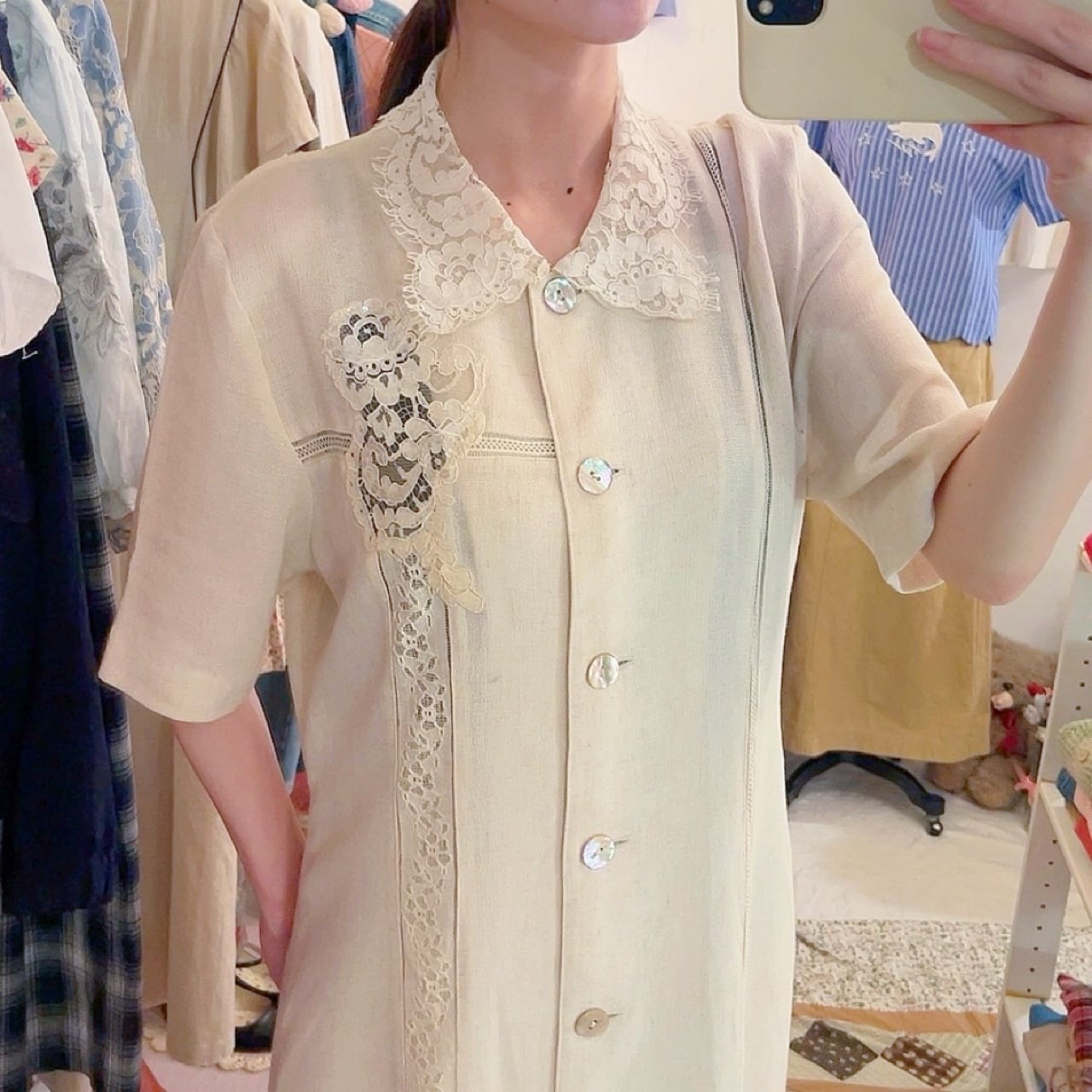 lace collar linen beige one-piece