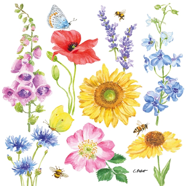 2023春夏【Paperproducts Design】バラ売り2枚 ランチサイズ ペーパーナプキン Flowers & Bees ホワイト