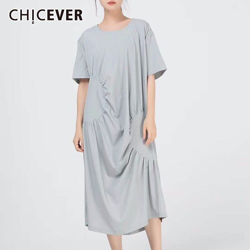 CHICEVERドレス女性Oネック半袖フリーサイズポケットシャーリングミディサマードレス洋服タイド2020 ショート ハーフスリーブ 夏物 6base520903366540