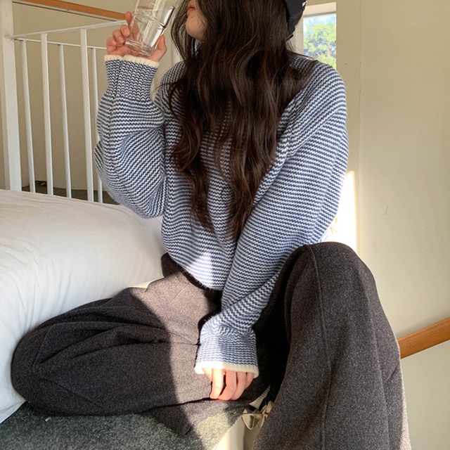 crew-neck border knit　J00383