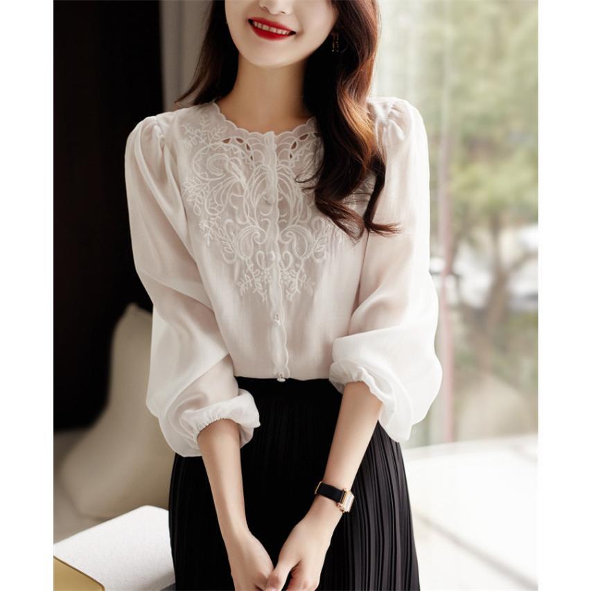 シャツ ブラウス 白シャツ l 長袖 Vネック 襟付き 細身 レース シフォン シースルー かわいい 大人可愛い きれいめ シンプル 大人 上品 おし シャツ ブラウス 白シャツ l 長袖 Vネック 襟付き 細身 レース