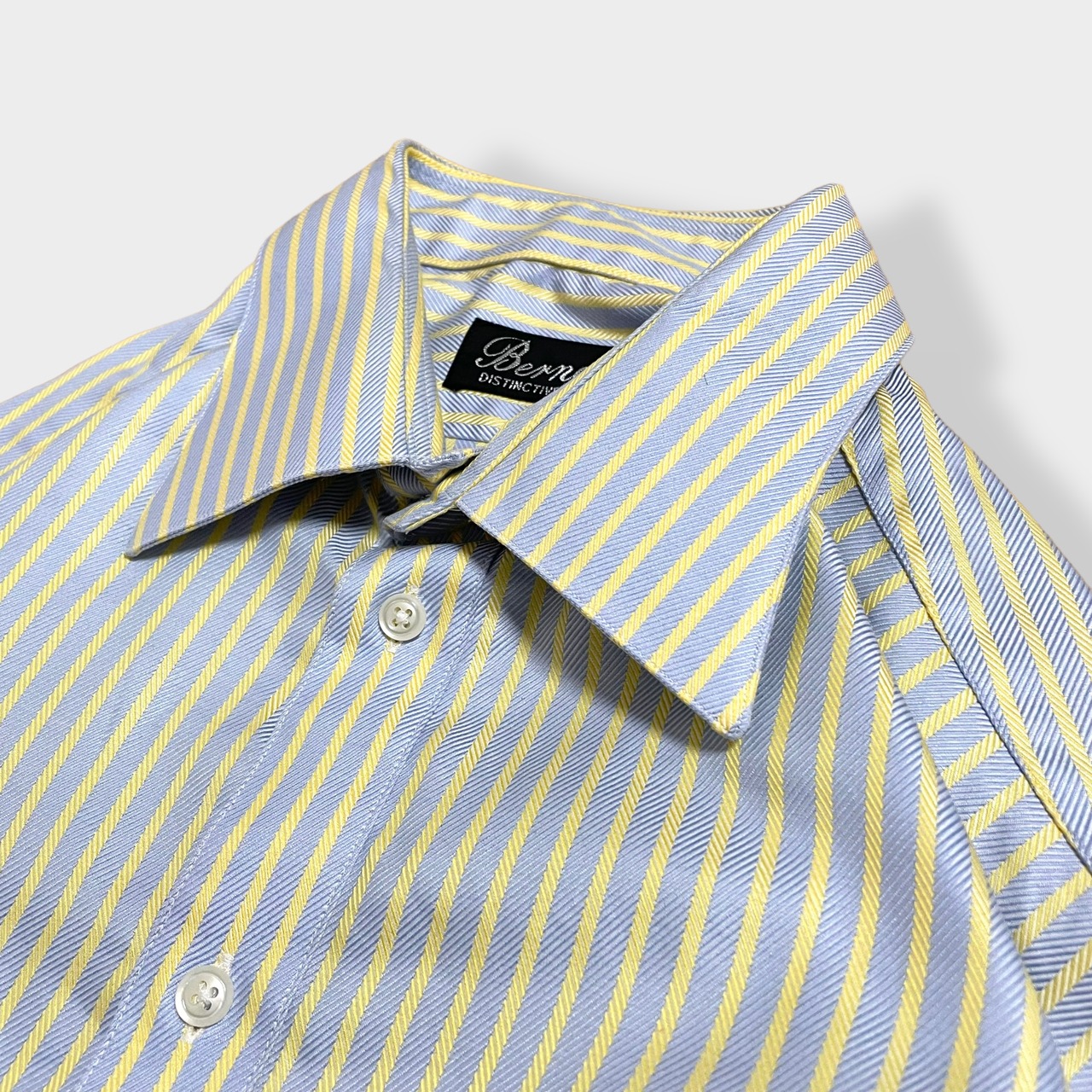 【Bernard】USA製 ビッグサイズ ストライプシャツ 長袖シャツ コットン 刺繍ロゴ ライトイエロー ライトブルー バーナード US古着