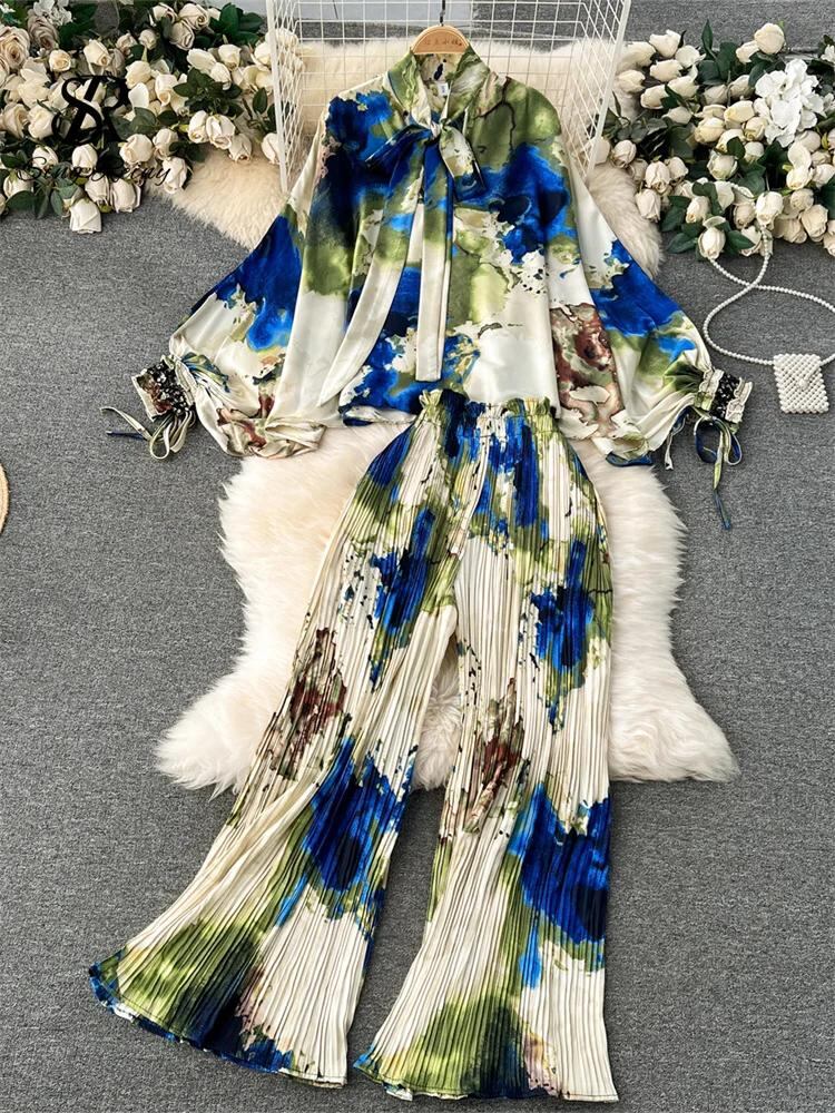 Sing補強-女性のためのバットウィングスリーブトップとプリーツロングパンツ、ルーズプリントセット、アメリカのファッション、スーツ、ボウカラー、カジュアル、2023_317