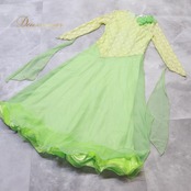 社交ダンス 衣装 prima boutique プリマブティック ドレス ワンピース グリーン系 花 花柄 レース 緑 黄緑 長袖 明るい 華やか かわいい ダンス衣装 イベント ステージ 練習 レッスン パーティー おしゃれ 透け感