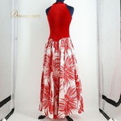 フラダンス 衣装 ワンピース ドレス レッド系 CC Fashions 赤 白 レフア柄 花柄 華やか 鮮やか ハワイ製 ハワイアン アロハ ベロア ノースリーブ ハワイアンプリント ホワイト系
