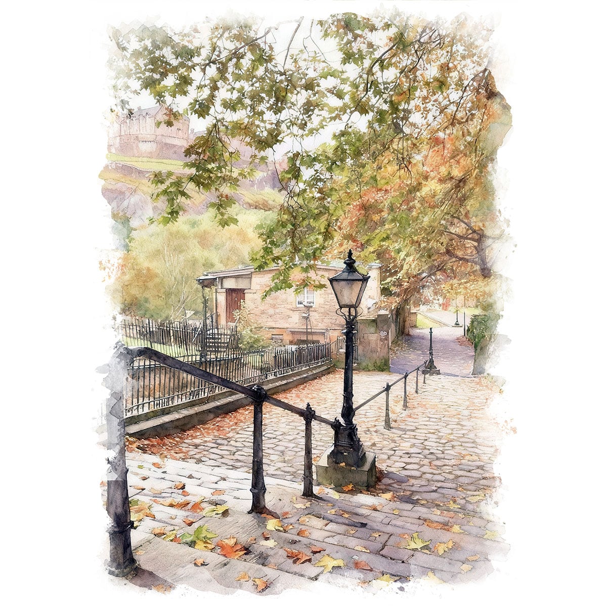 絵画 風景画(街並み) 秋 フランス モンマルトルの階段の紅葉 インテリアアート額付き 水彩画・油絵調 WAT0538