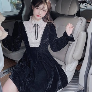 【送料無料】 ミニドレス  ワンピース  長袖  フリル  エレガント系  きれいめ  フェミニン  Aライン・フレア  大人可愛い  レディースファッション  可愛い  韓国  20代・30代  レース  リボン  ハイネック  冬  パーティ・お呼ばれ・お茶会  ブラック