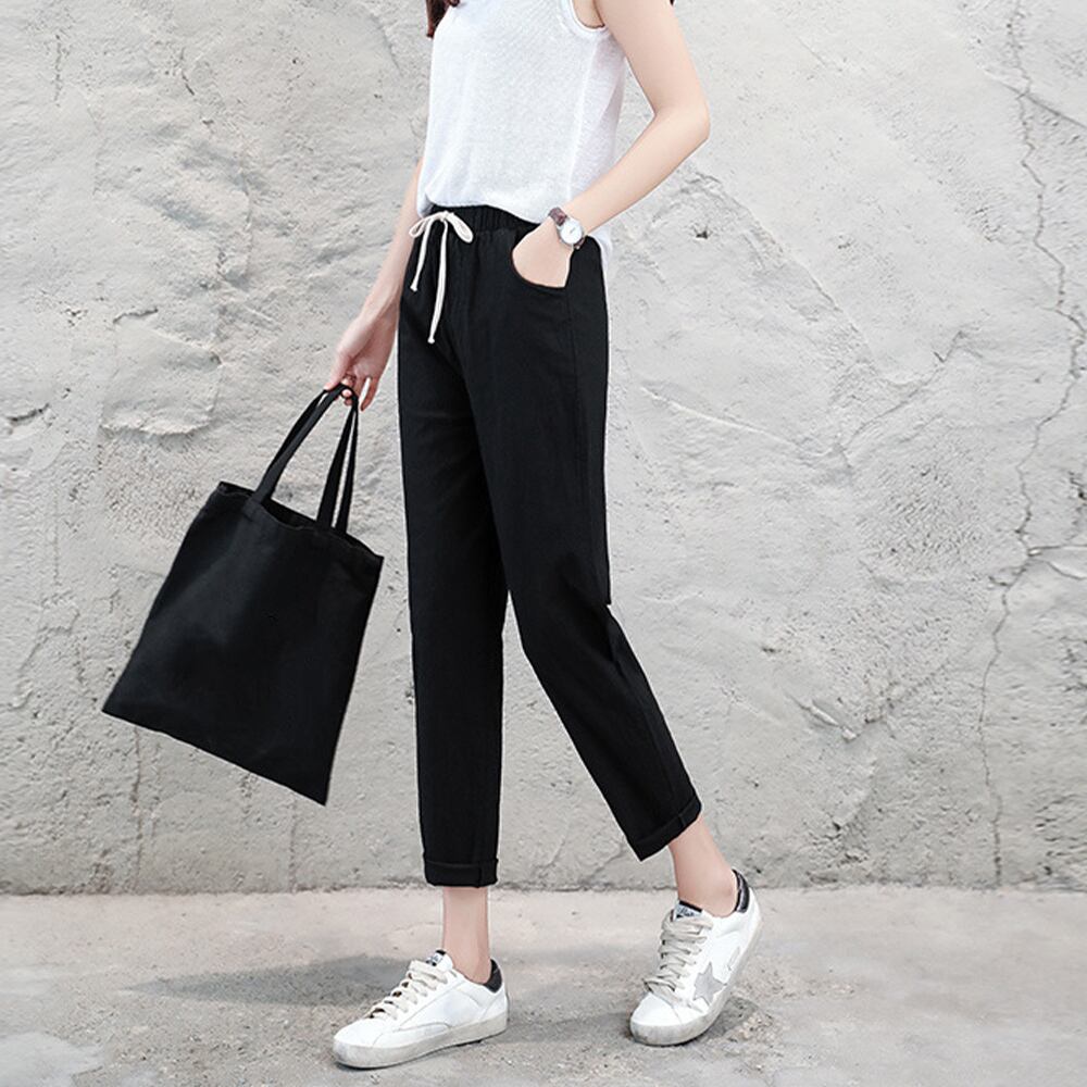 綿麻 アンクル パンツ レディース ストレート 春夏秋 韓国 きれいめ 大人 カジュアル おしゃれ シンプル 9分丈 薄手 カラーパンツ ウエストゴム 大人可愛い 大人女子