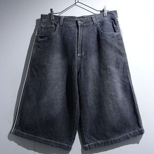 Black Faded Denim Side-Line Design Wide Baggy Shorts