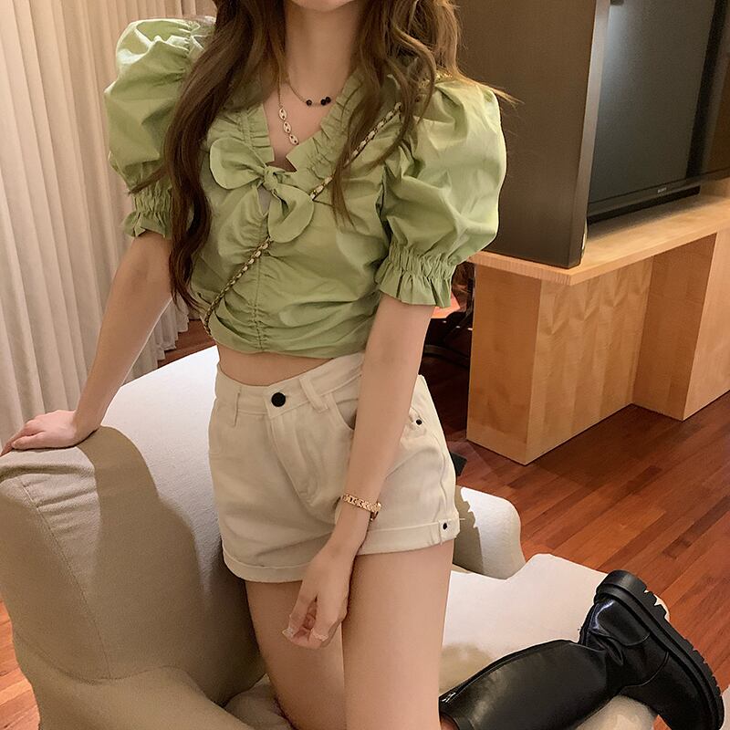 サマーVネックスリーブショートシャツ プリーツトップス 夏物 モンロー64333454617