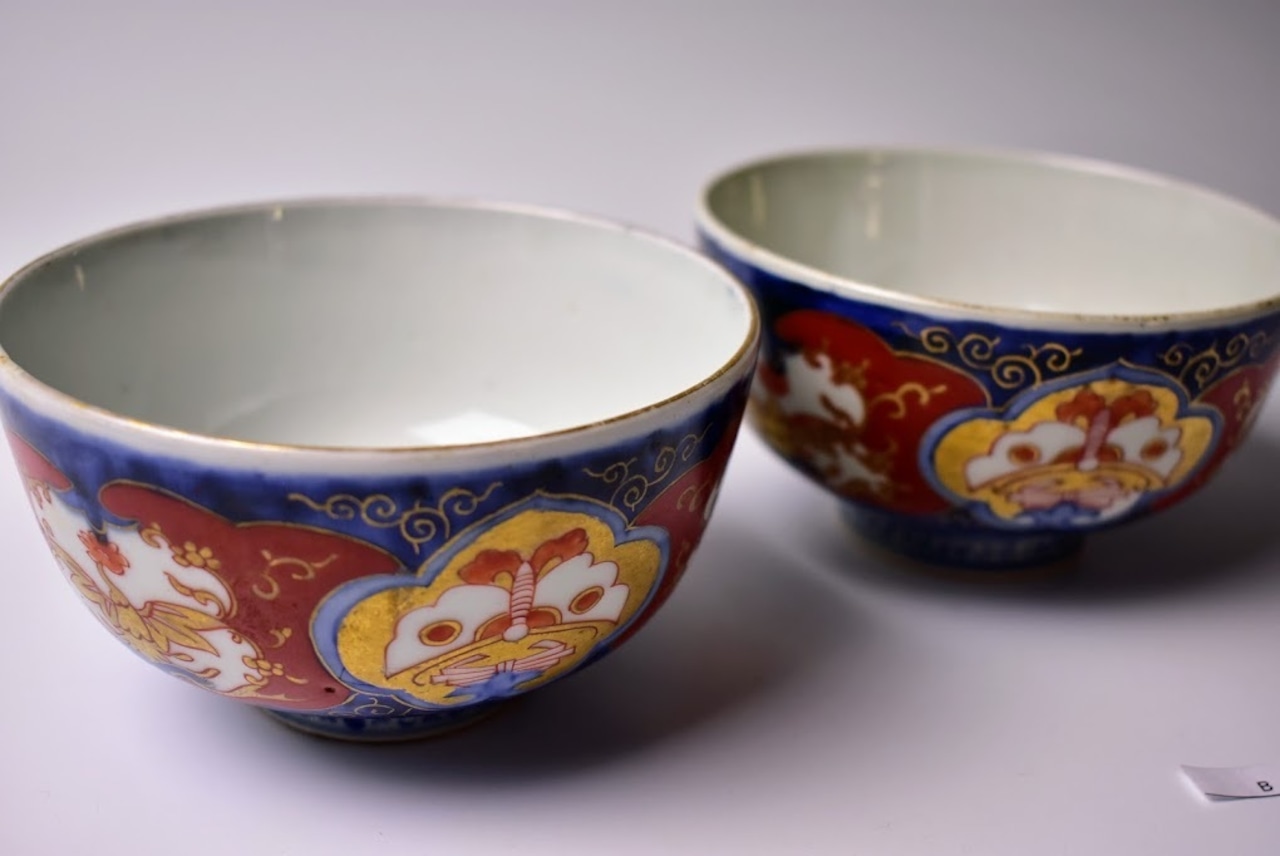 伊万里 色絵 金彩 蝶に鳳凰文 茶碗 飯茶碗 ごはん茶碗 汁碗 冨貴長春銘 