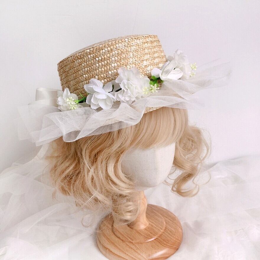サブカル 服 地雷系 通販 クラロリ 麦藁帽 ストローハット フラワー レース ノスタルジック レトロ リゾート 日除け