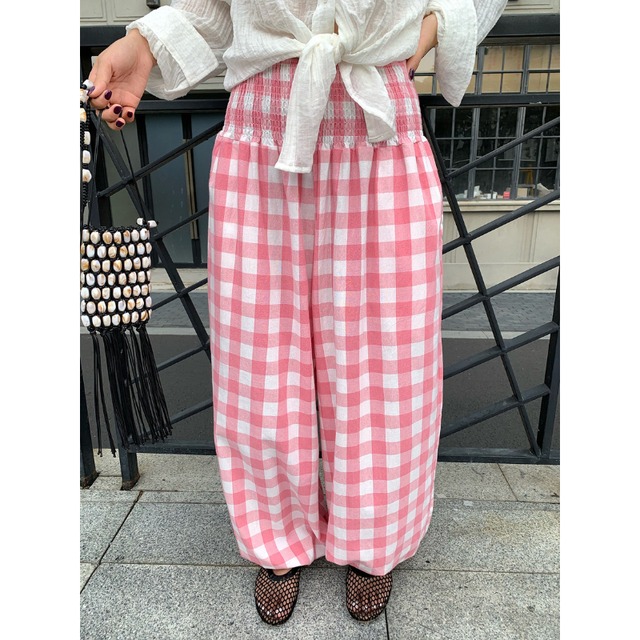 sweet peach gingham check waist shirring pants  e2037