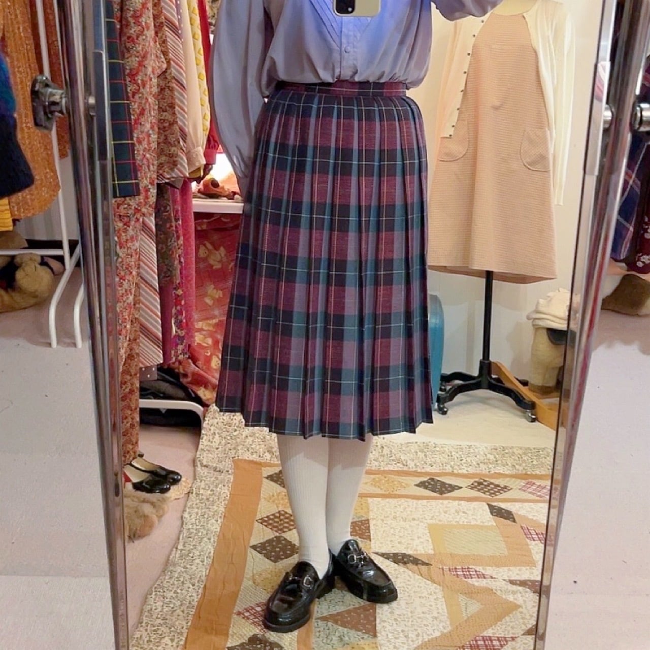 pink green check pleats skirt