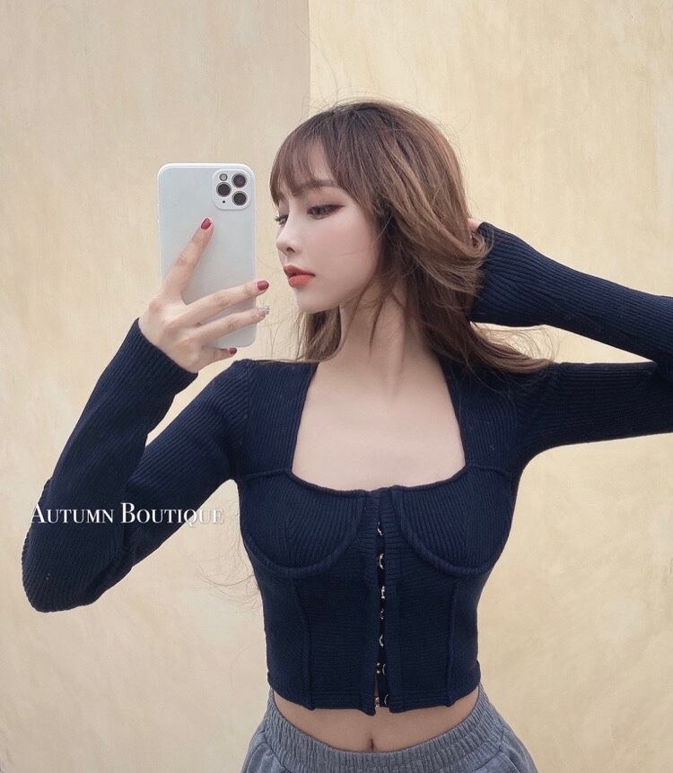 ニットシャツ ショートブラックTシャツ オータムウィンタースリムトップス ロング 秋物 冬物 スクウェア ブラックストロベリース55453201068