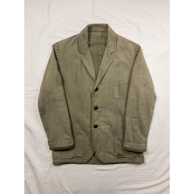 【1950s】"French Vintage" Cotton Twill Khaki Faded Lapeled Work Jacket, Rare Fabric!!