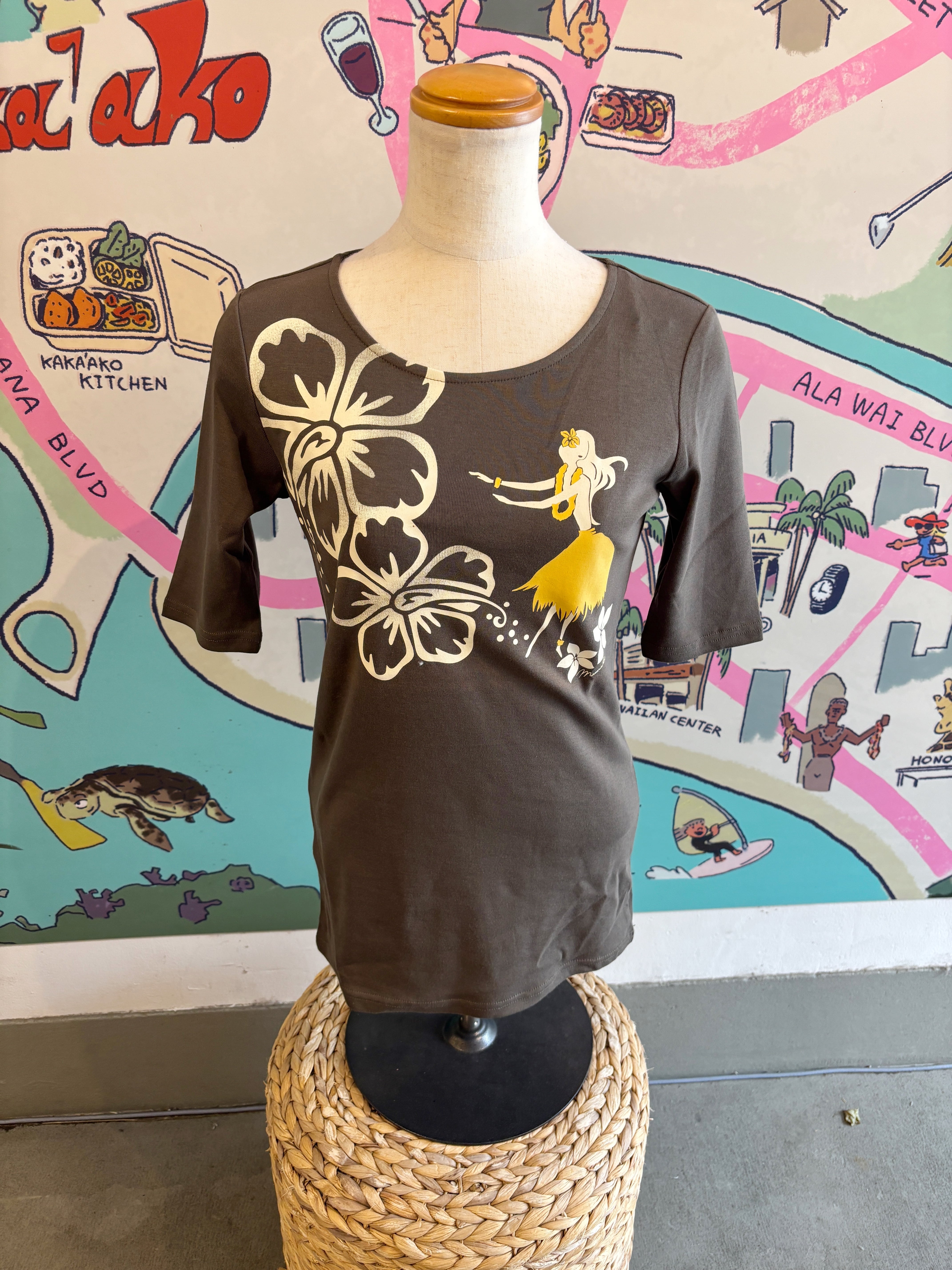 Mauna loa/マウナロア】ストレッチTシャツ 五分袖 フラガール カーキ