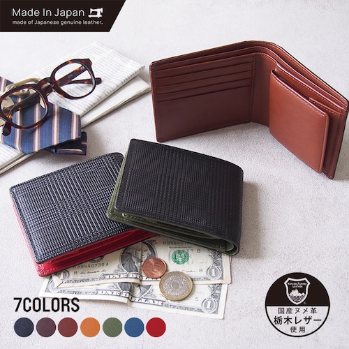 栃木レザー 財布 ：グレンチェック 片マチ付BOX札入れ 二つ折り 本革 日本製 4OO3467