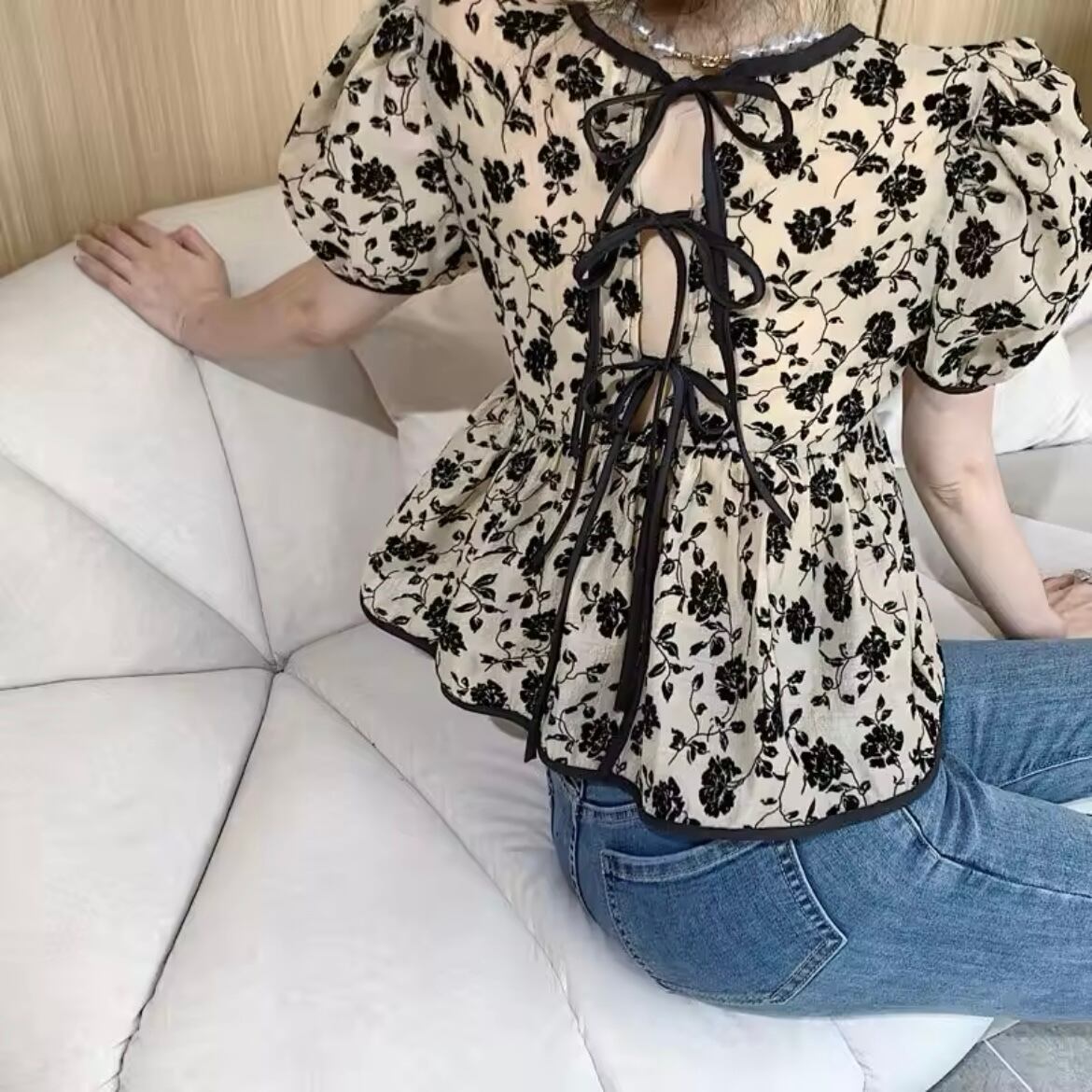 バッグリボンヴィンテージフラワーブラウス