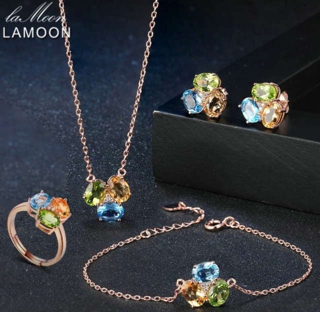 LAMOON 　ジュエリー４点セット　リング・ブレスレット・ピアス・ネックレス　3ct オーバル　シトリングリーンペリドットブルートパーズ　 925-スターリング-銀　女性　SKU-359