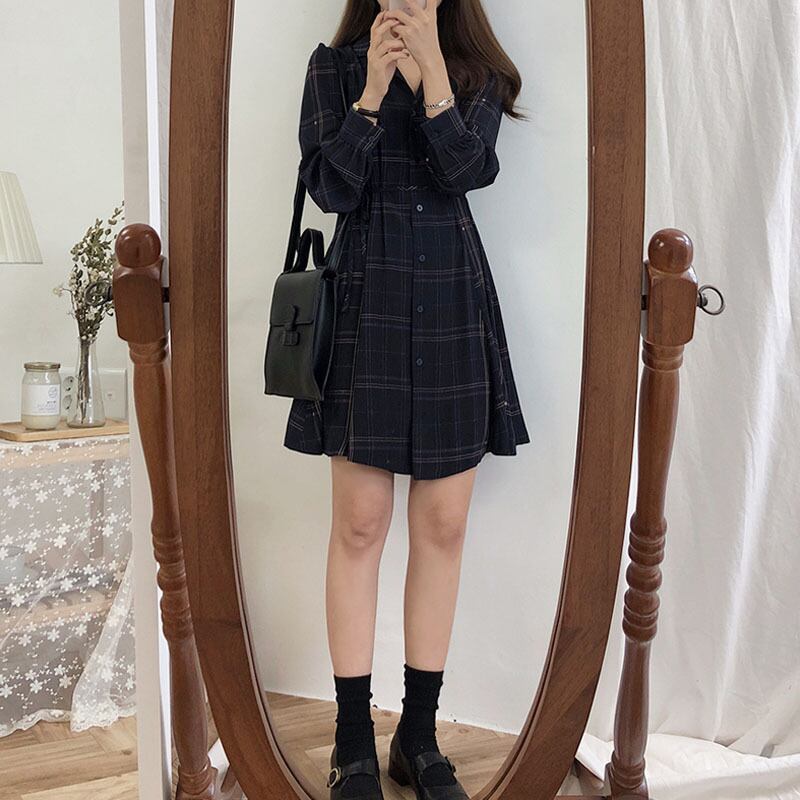 スカート スプリングドレス ウェスト薄手Aライン格子柄 春物 試着室24960673567