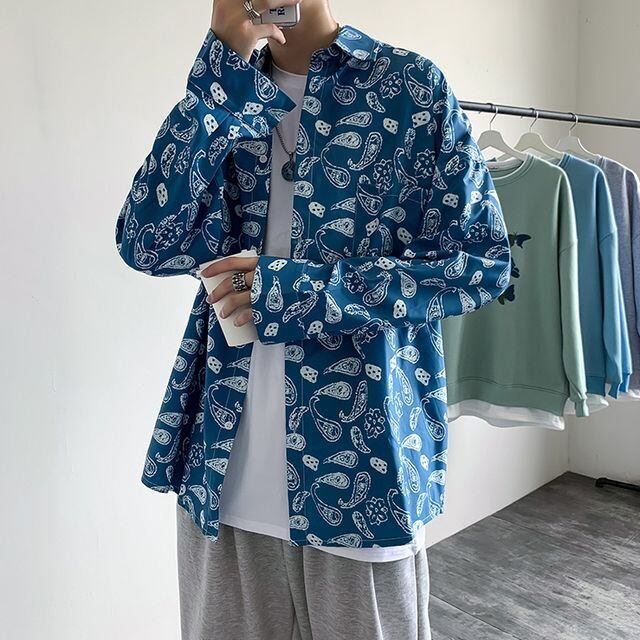 【予約販売】シャツ 長袖 メンズ ペイズリー柄 オーバーサイズ レトロ ブラック ブルー カジュアル シンプル こなれ感 お洒落 韓国 トレンド 春 夏 秋 M/L/XL/2XL