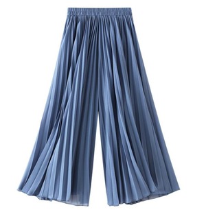 高品質 プリーツ スカーチョ スカートライク ロングパンツ（フリーサイズ・ブルー）
