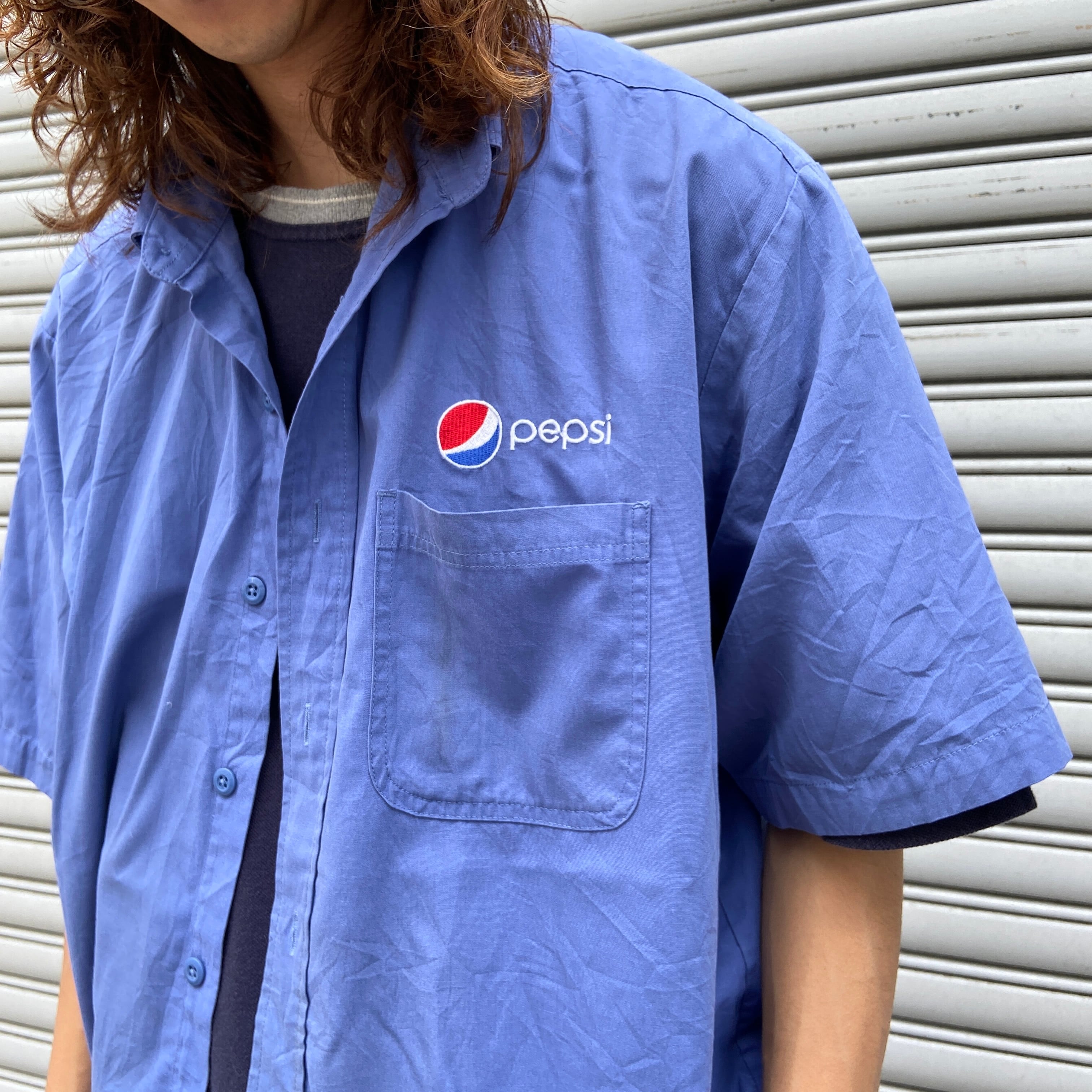 送料無料』PEPSI ペプシ ワーク半袖シャツ 企業ロゴ ボタンダウン XL