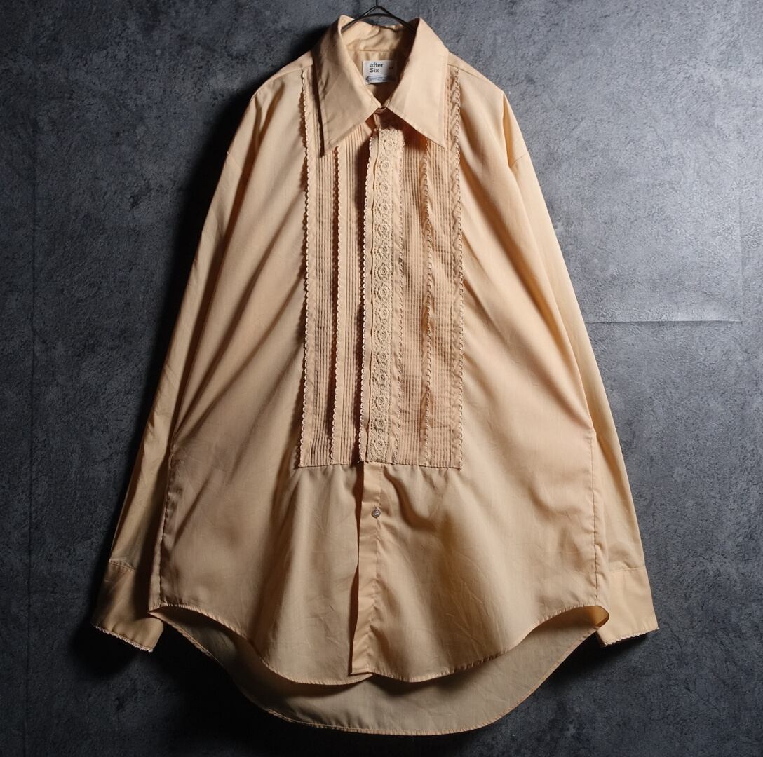 70s “After Six” Light Orange Flower Motif Lace & Pleats Design Shirt