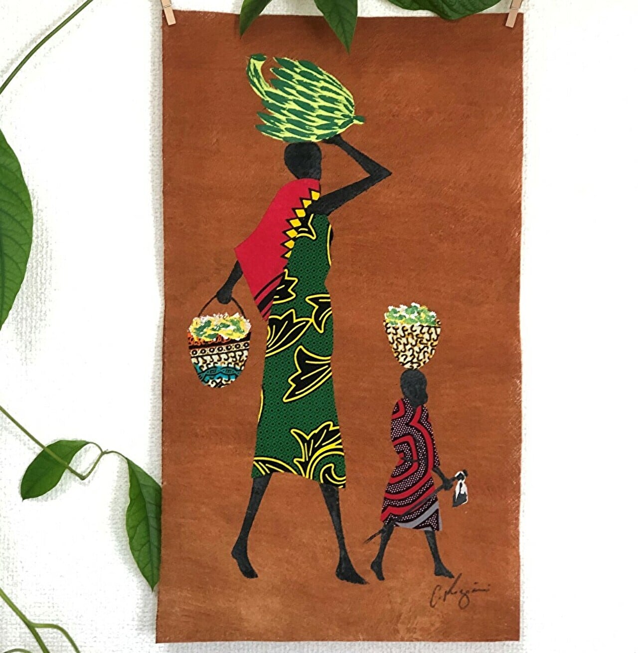 ウガンダ産 バーククロス（樹皮布）壁掛けアート ‐3 親子 | nantongo
