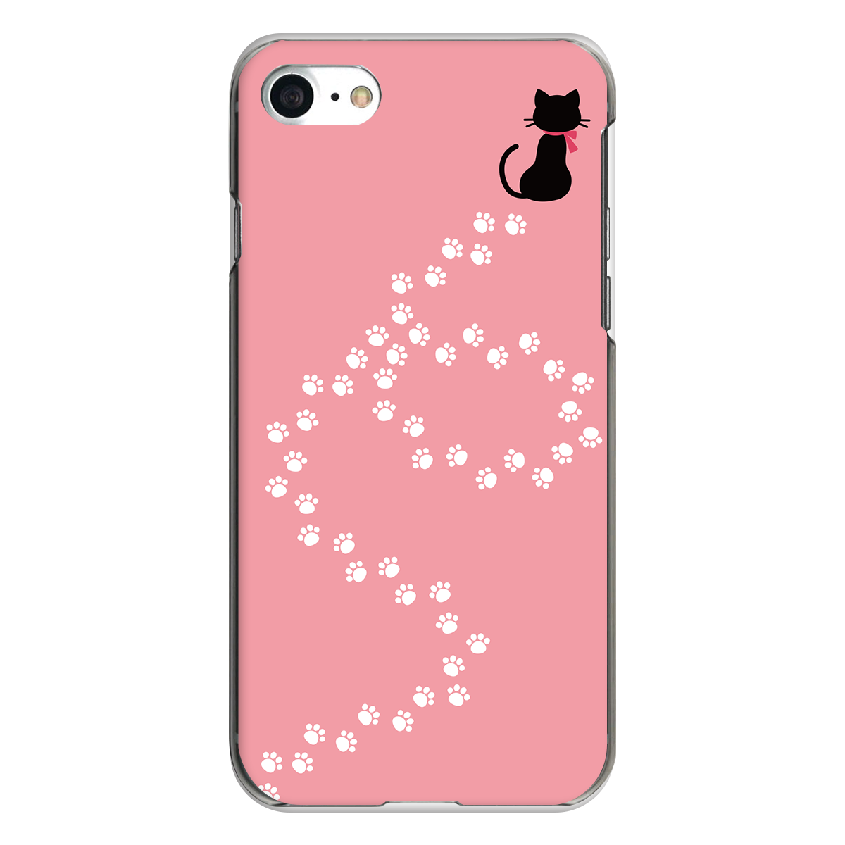 iPhone対応 スマホ ハードケース クリア 黒ネコと足跡-ピンクB 猫 ドット 【iPhone17 / iPhone16e / AQUOS / Xperia 他 iPhone / Android ほぼ全機種対応】 |ctftb021