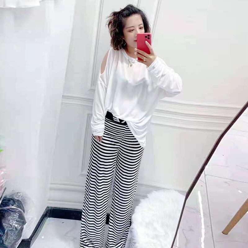 トップス Tシャツ サマーストライプパンツ 大きめサイズ 夏物 オフショルダー ミックスインファッション95872378380