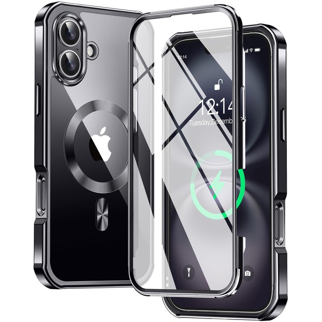 【両面保護・MagSafe対応】FONKCASE iPhone16 用ケース ストラップホール付き【本体の色・CDリング】メッキバンパー (ブラック)