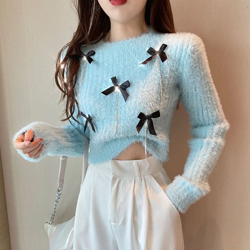 セーター スプリングショートトップス レディース ロング リボン 春物 YY-ファッション95947066059