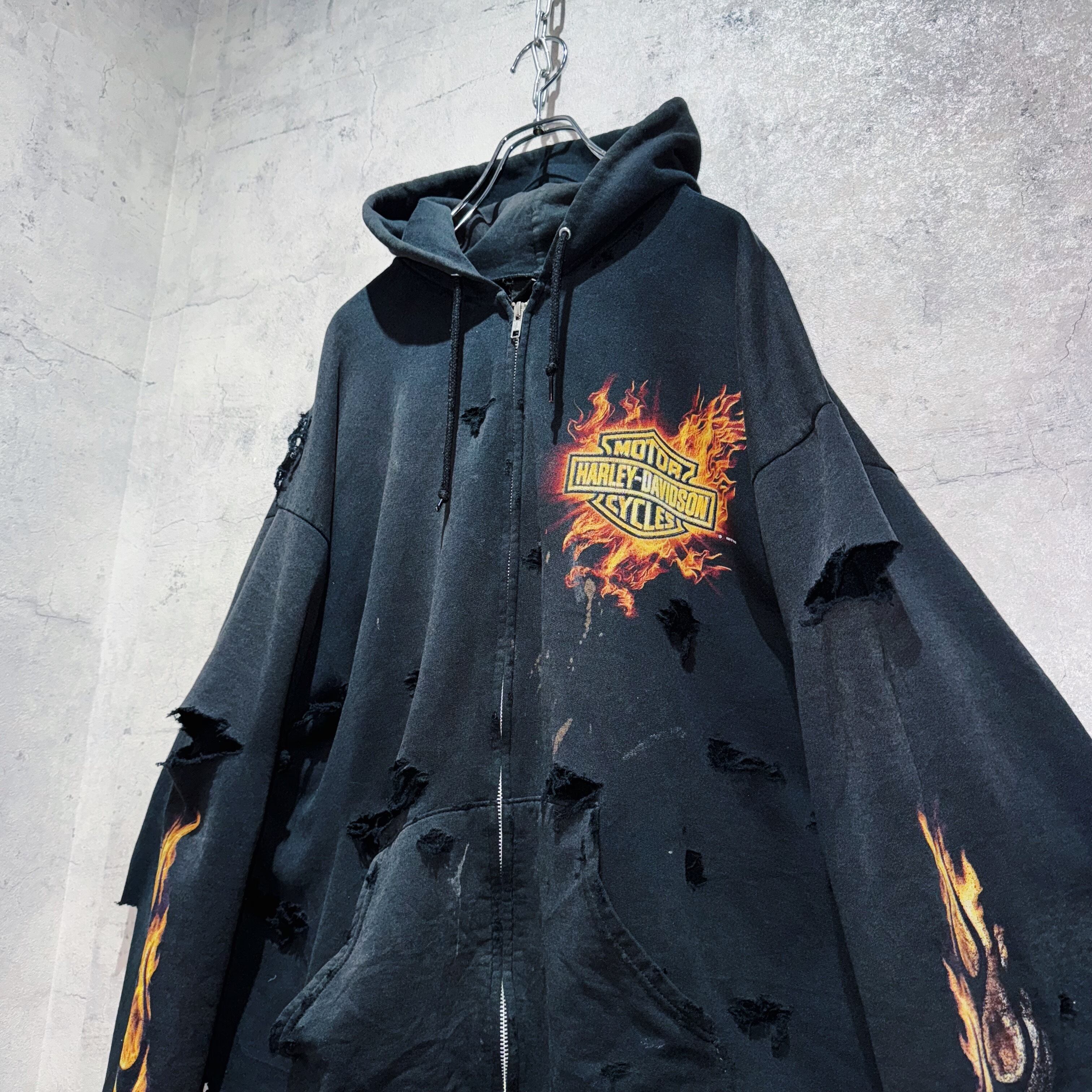 Harley-Davidson”Fire pattern design boro custom zip-up hoodie | ayne